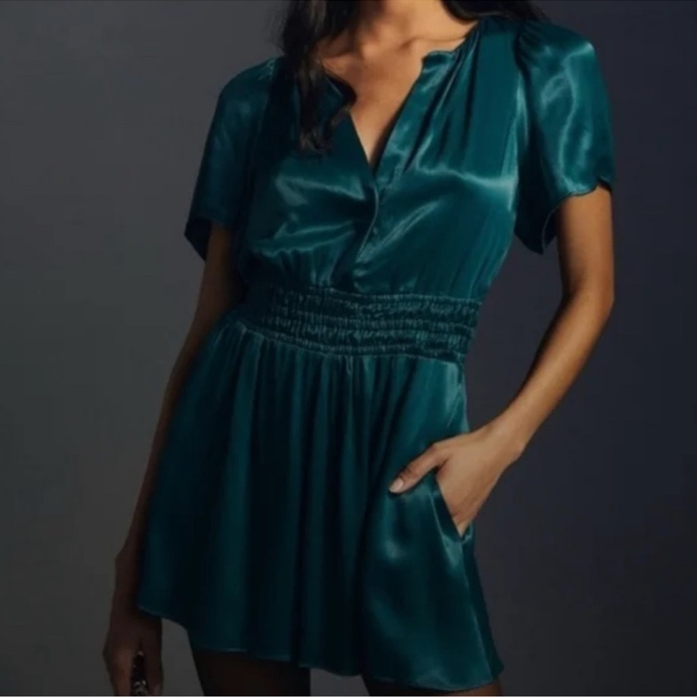 Anthropology Teal Satin Sommerset Romper